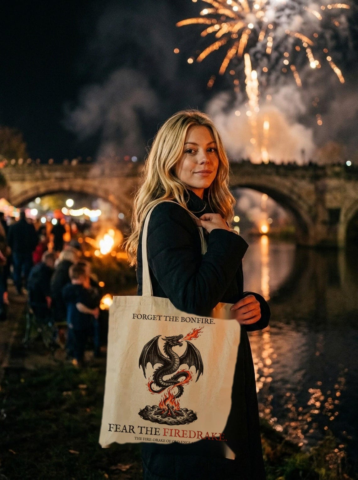 Firedrake Dragon Tote Bag, Bonfire Night Folk Horror, Woodcut Style (Organic Cotton)