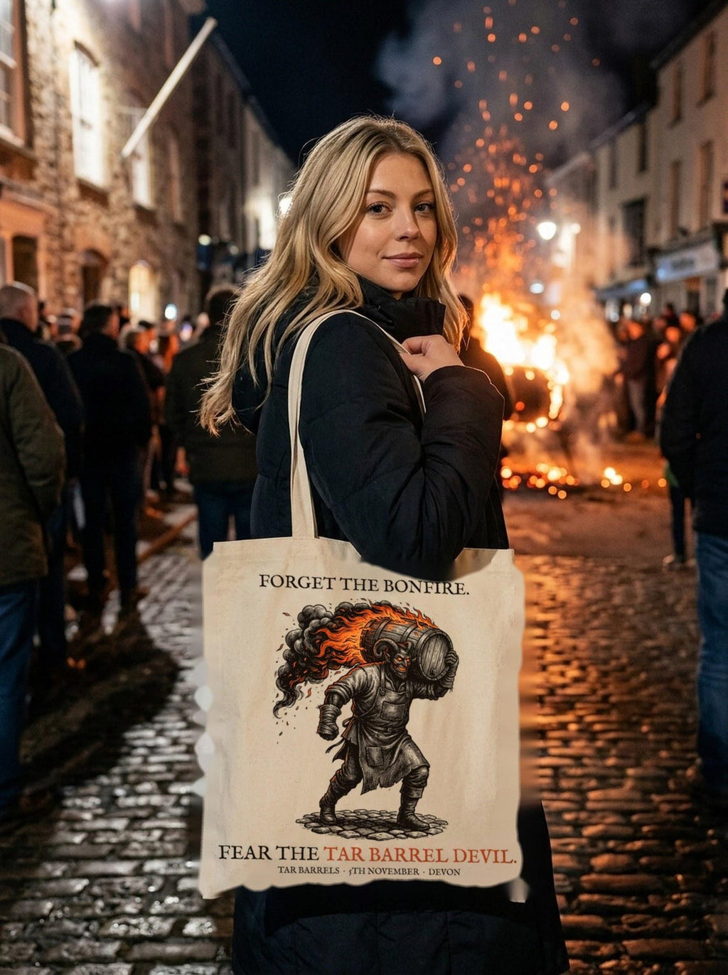 Tar Barrel Devil Tote Bag, Bonfire Night Folk Horror, Woodcut Style (Organic Cotton)