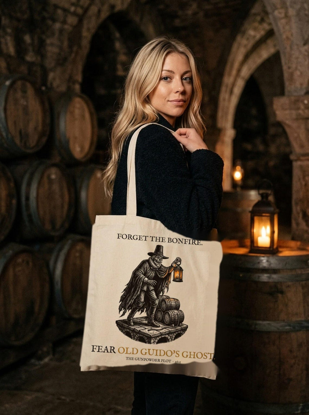 Old Guido's Ghost Tote Bag, Bonfire Night Folklore, Woodcut Style (Organic Cotton)