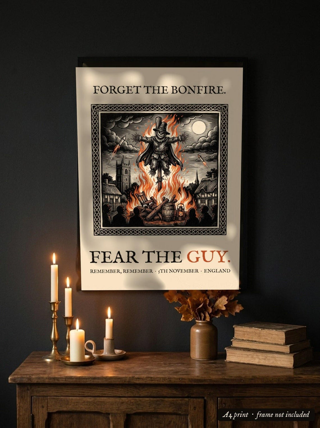 Guy Fawkes Bonfire Night Art Print, Folk Horror Woodcut Style (A4)