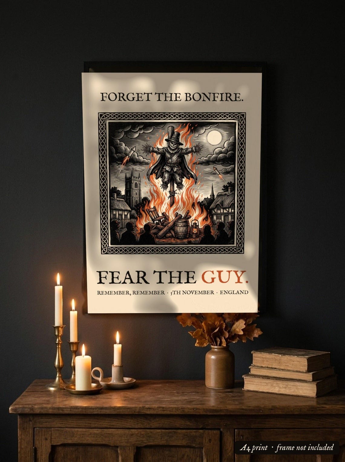 Guy Fawkes Bonfire Night Art Print, Folk Horror Woodcut Style (A4)
