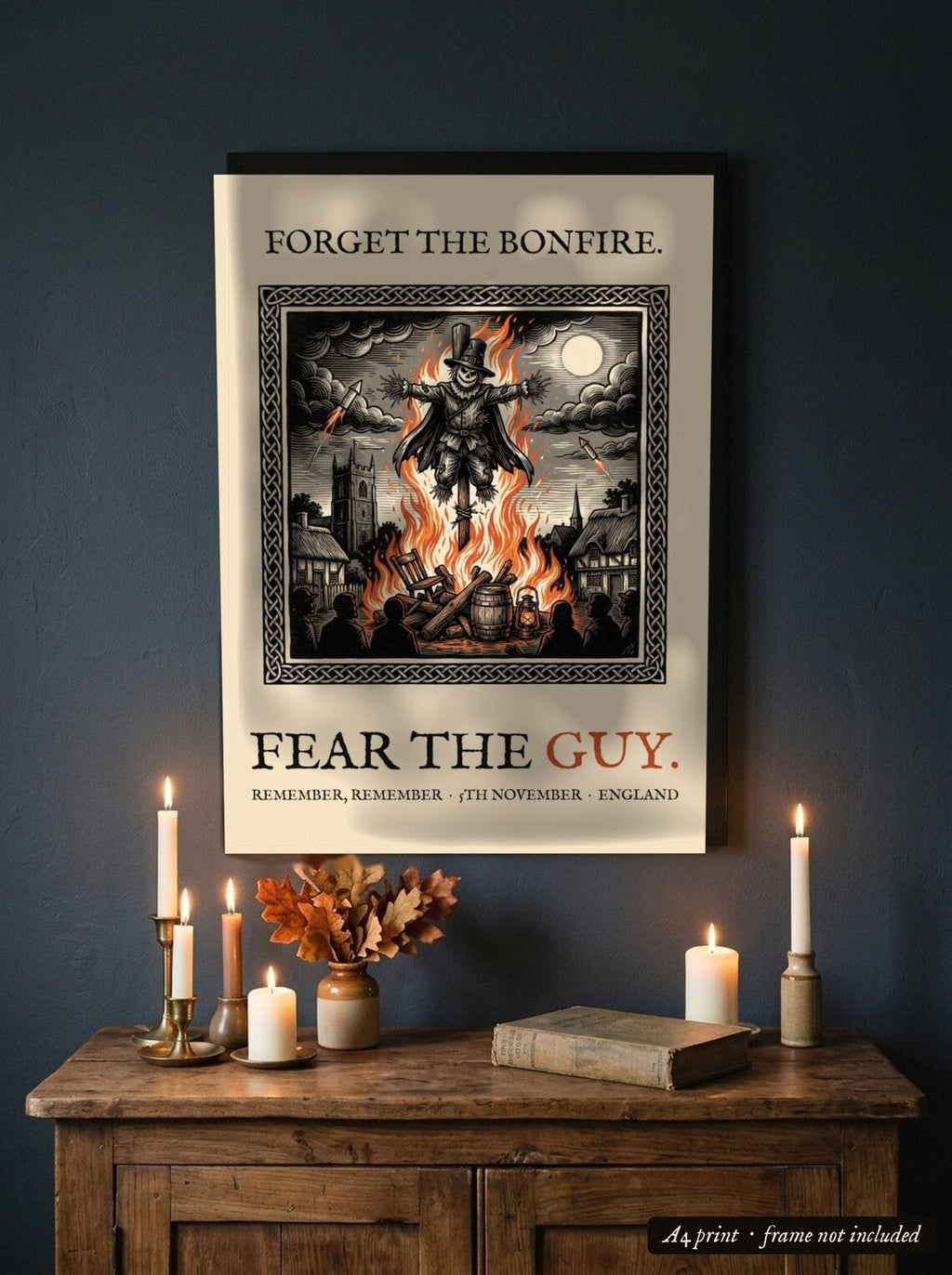 Guy Fawkes Bonfire Night Art Print, Folk Horror Woodcut Style (A4)