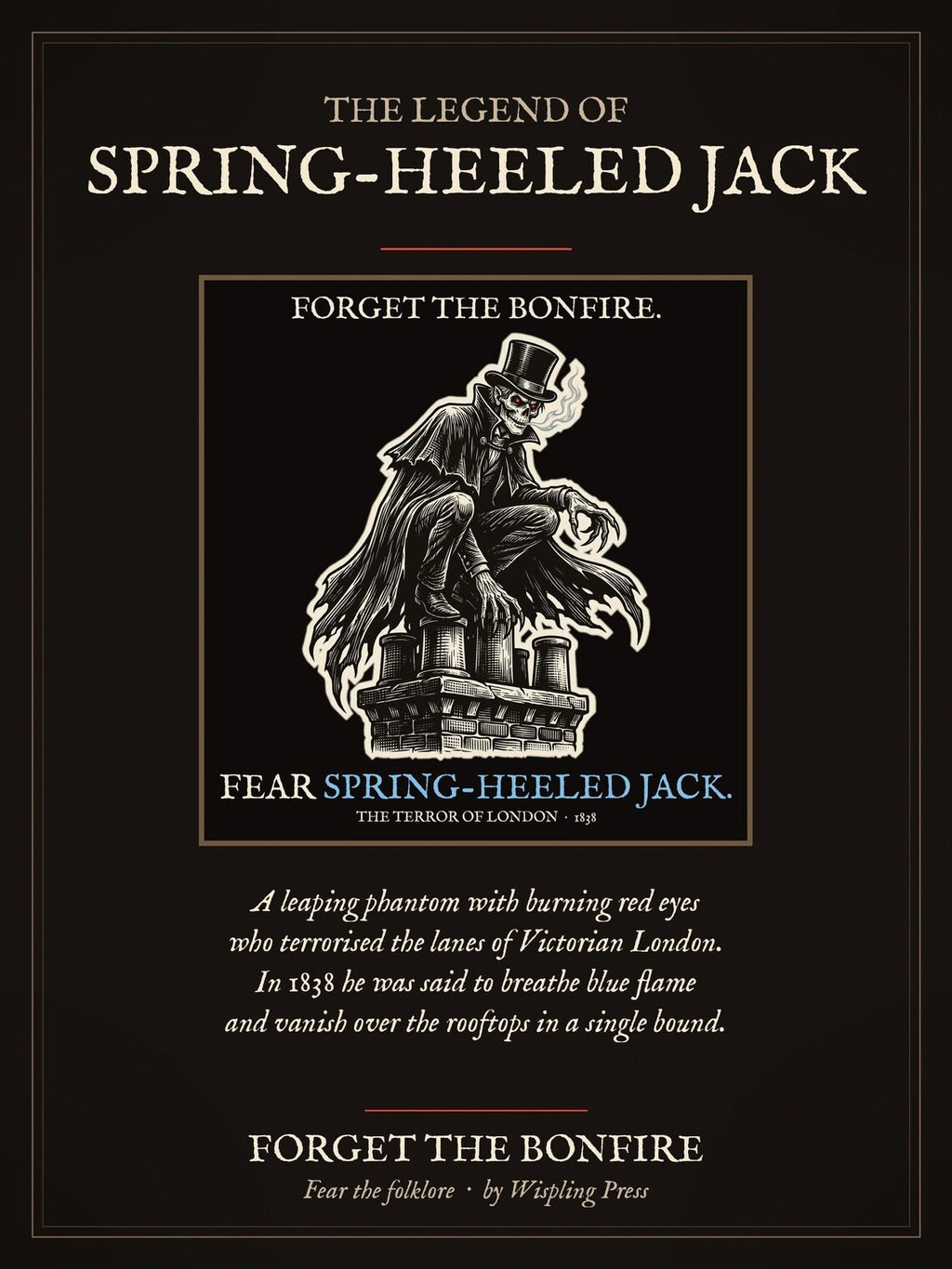 Spring-Heeled Jack A4 Art Print, Bonfire Night Folk Horror, Woodcut Style (Giclée Print)