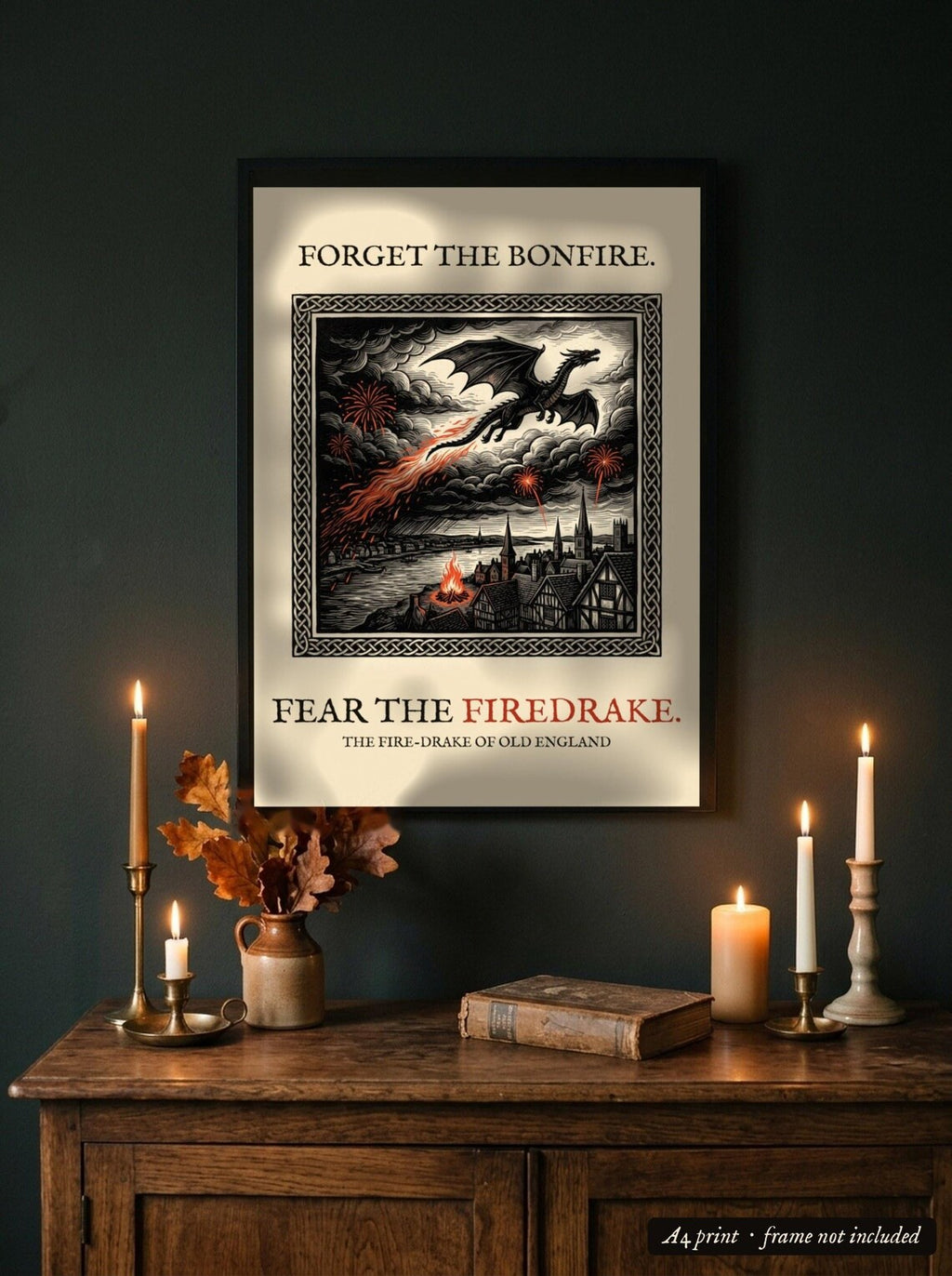 Firedrake Dragon Art Print, Bonfire Night Folk Horror, Woodcut Style (A4 Giclée)