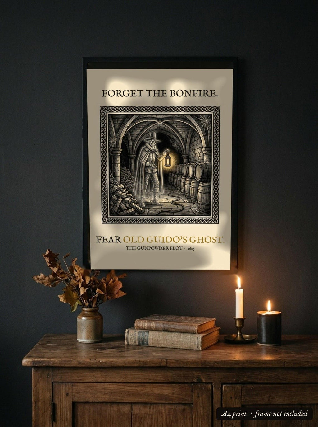 Old Guido's Ghost A4 Art Print, Bonfire Night Folklore, Woodcut Style (Giclée Print)