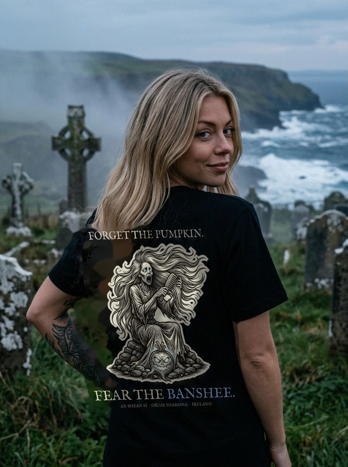 Banshee Bean Sí Halloween T-Shirt, Irish Folklore Woodcut Pr