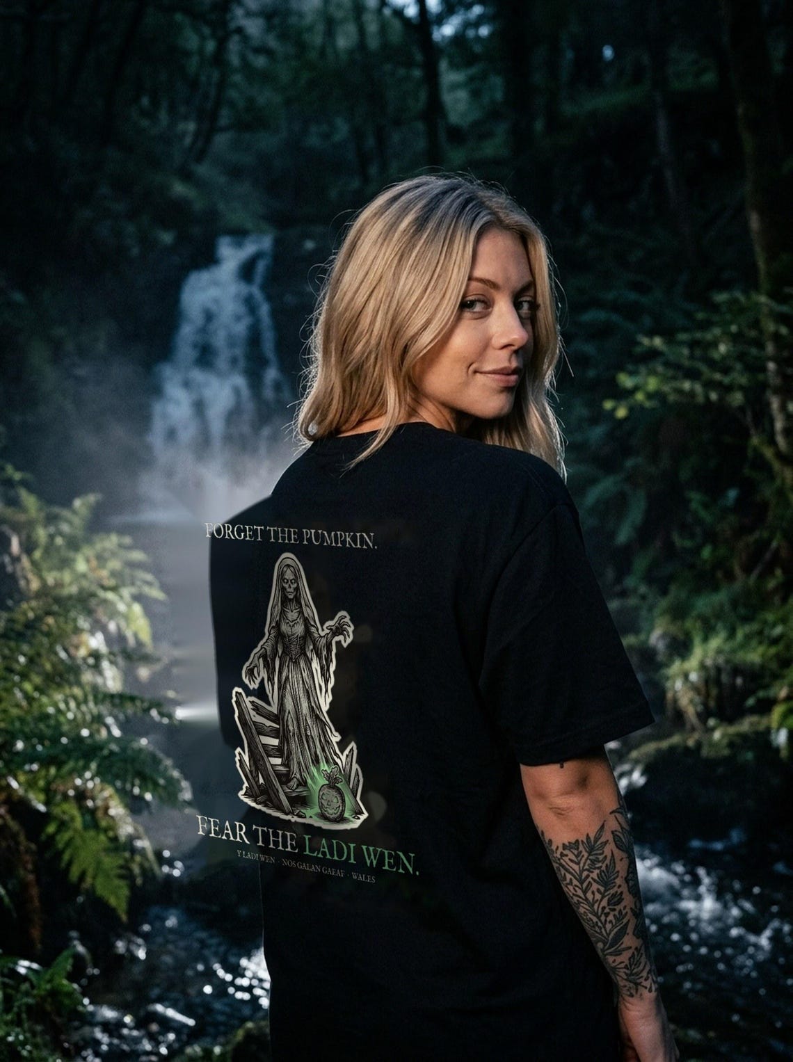 White Lady Ladi Wen Halloween T-Shirt, Welsh Folklore Woodcu