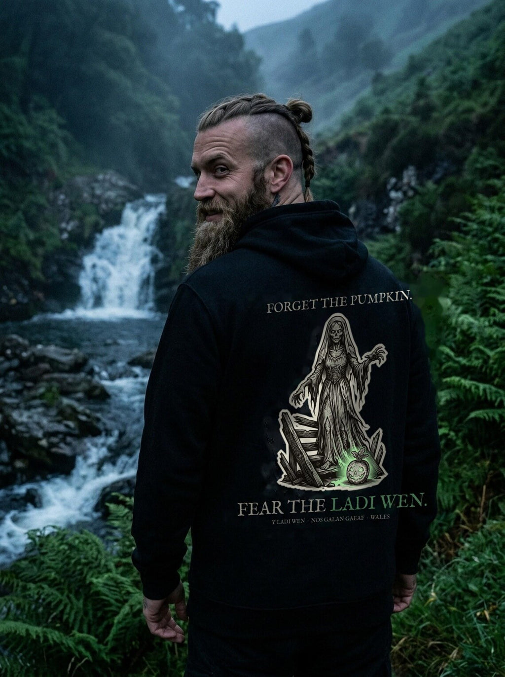 Ladi Wen Welsh Folklore Hoodie, Woodcut Print Halloween Outfit (Jet Black)