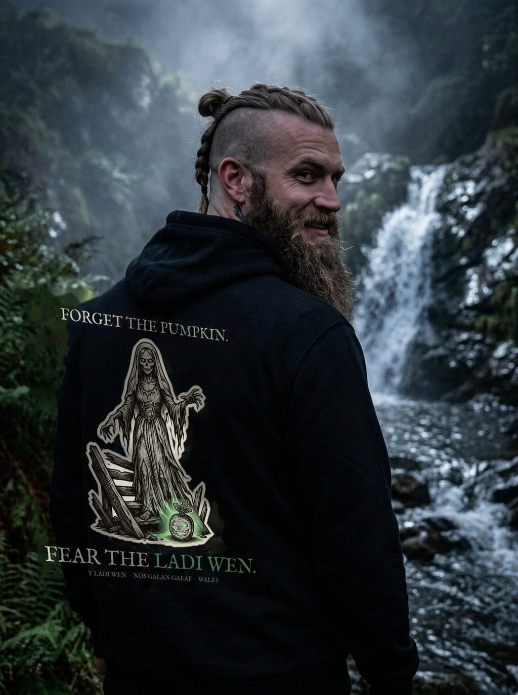 Ladi Wen Welsh Folklore Hoodie, Woodcut Print Halloween Outfit (Jet Black)