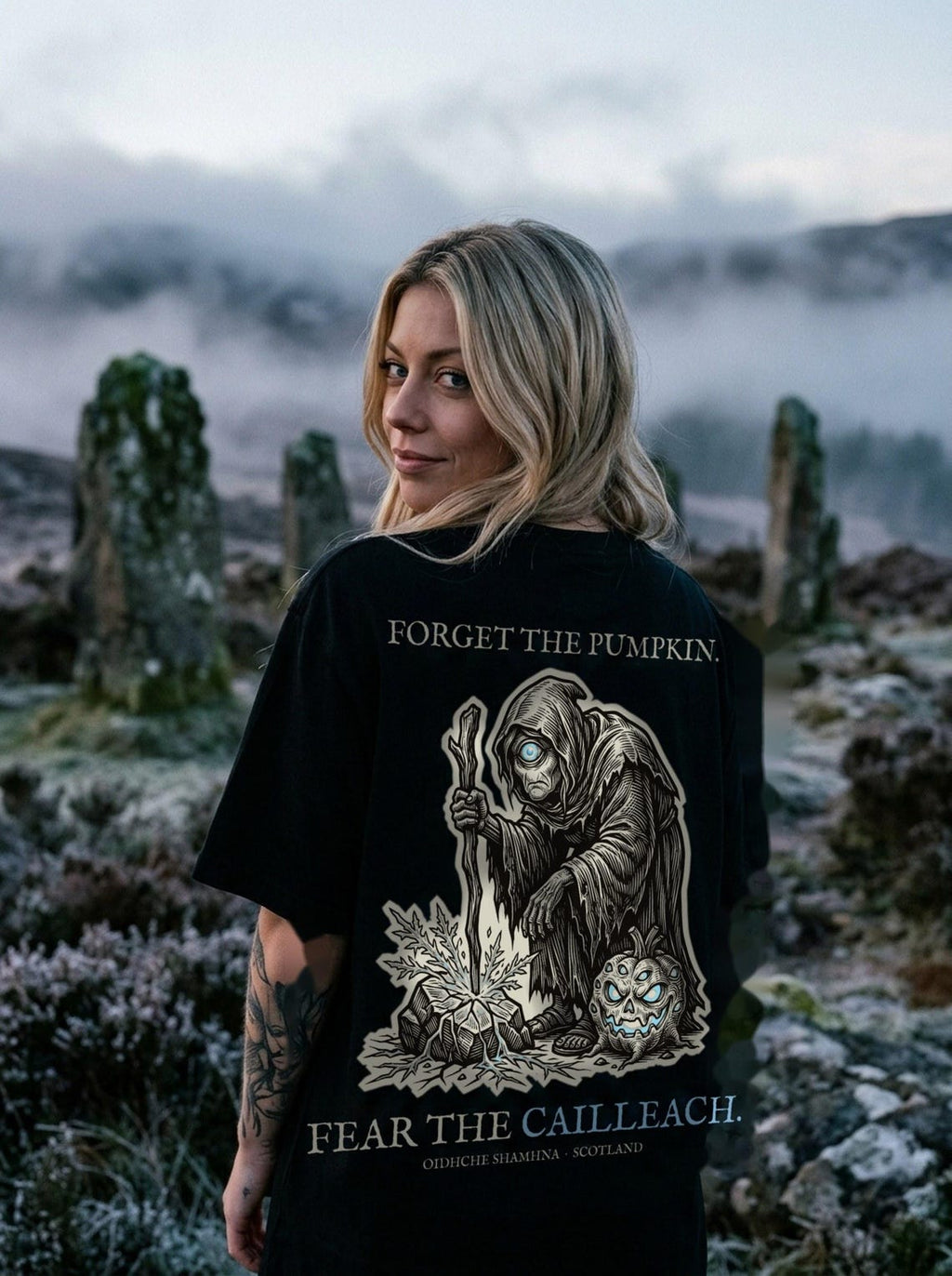 Cailleach Halloween T-Shirt, Scottish Folklore Woodcut Print, Samhain Horror Gift