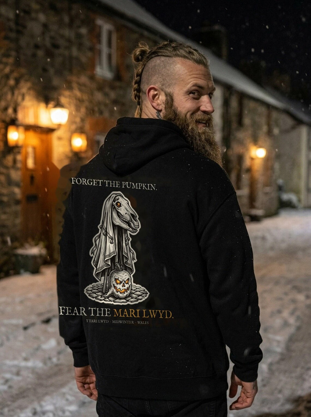 Mari Lwyd Welsh Folklore Hoodie, Woodcut Print Christmas Outfit (Jet Black)