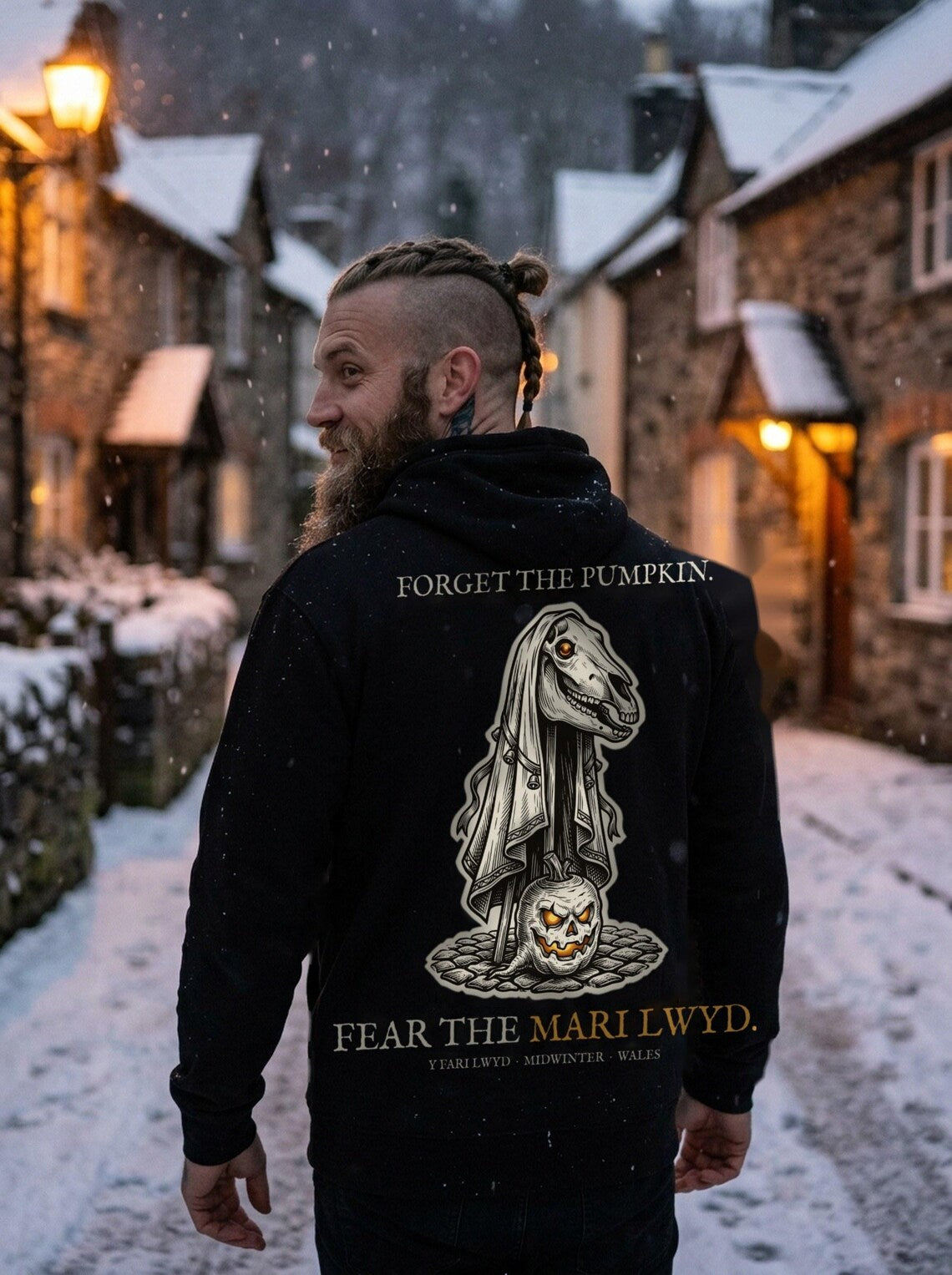 Mari Lwyd Welsh Folklore Hoodie, Woodcut Print Christmas Outfit (Jet Black)