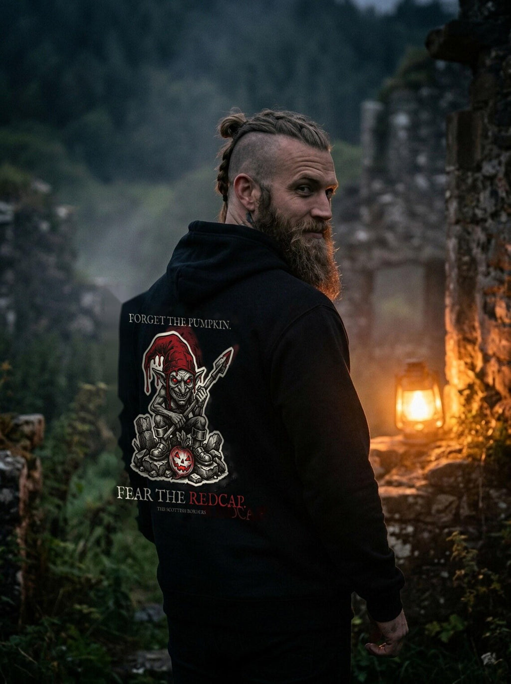 Redcap Halloween Hoodie, Scottish Folklore Gothic Horror Print (Woodcut Style)