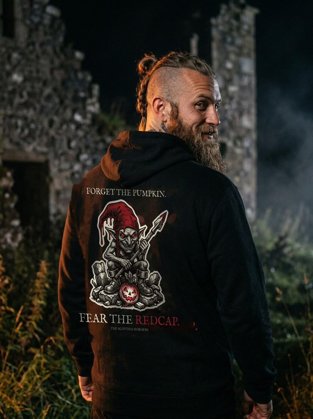 Redcap Halloween Hoodie, Scottish Folklore Gothic Horror Print (Woodcut Style)