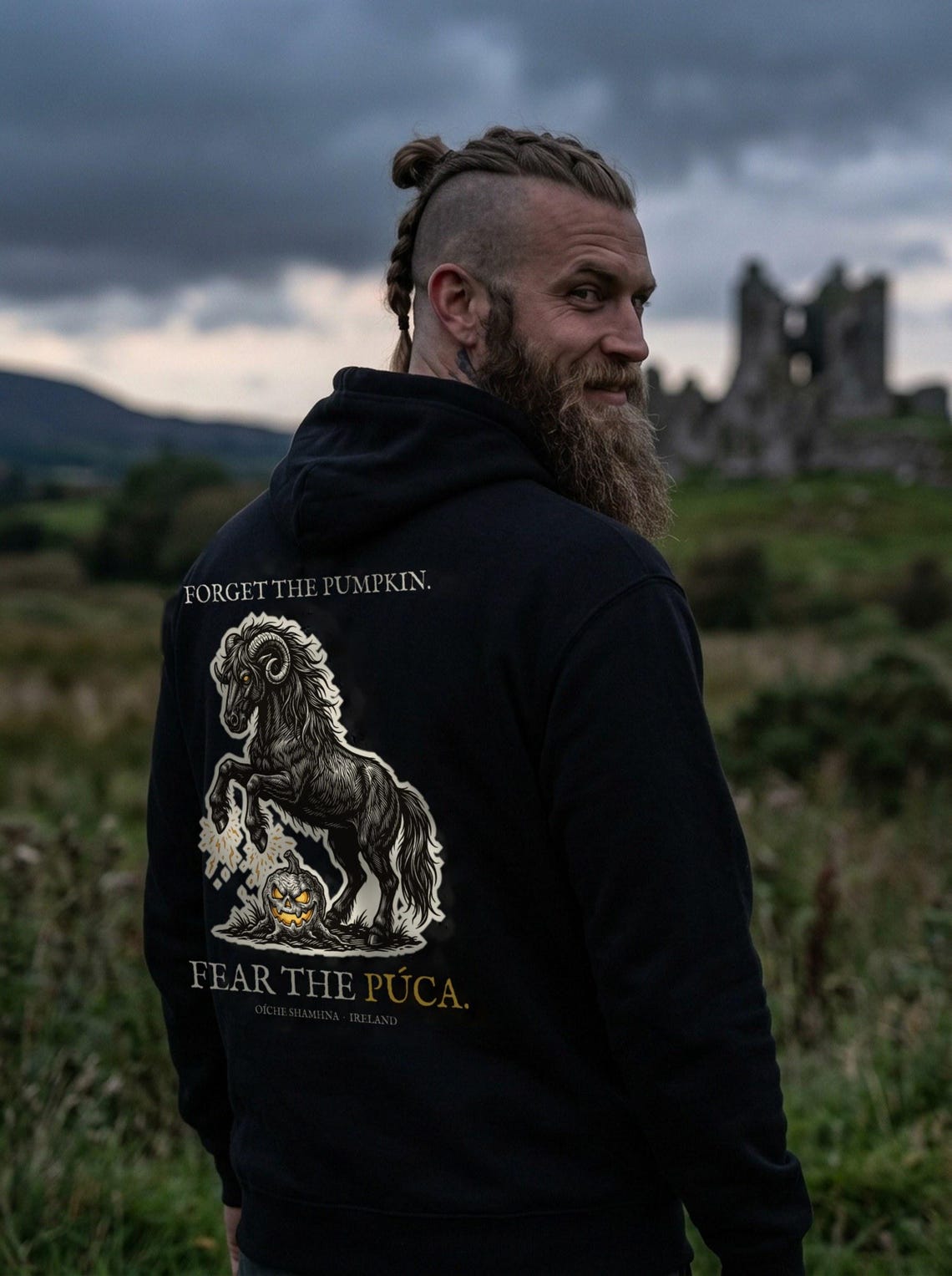 Pooka Púca Halloween Hoodie, Irish Folklore Woodcut Print, Samhain Gift
