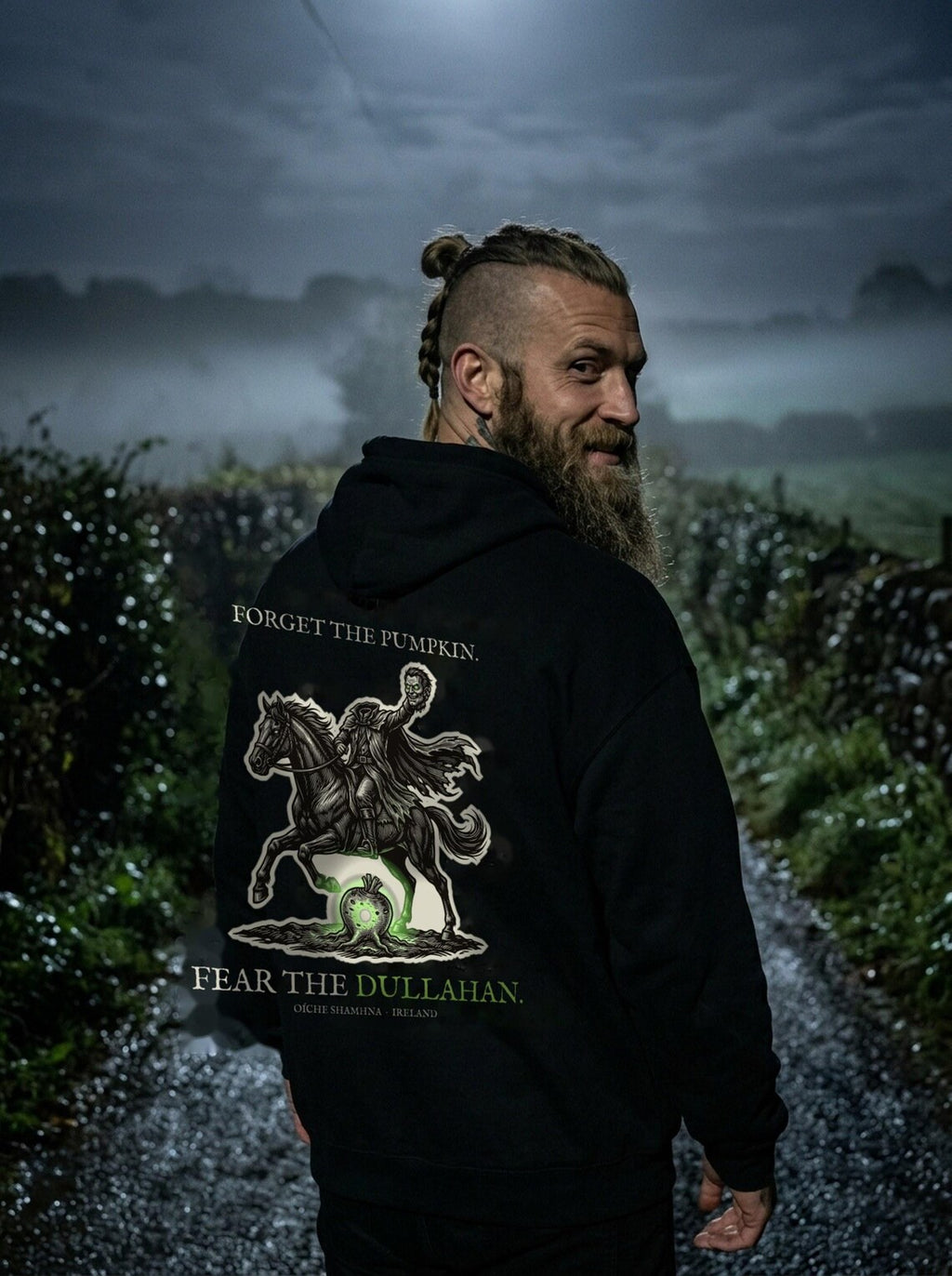 Headless Horseman Dullahan Hoodie, Irish Folklore Halloween Outfit, Woodcut Print (Jet Black)