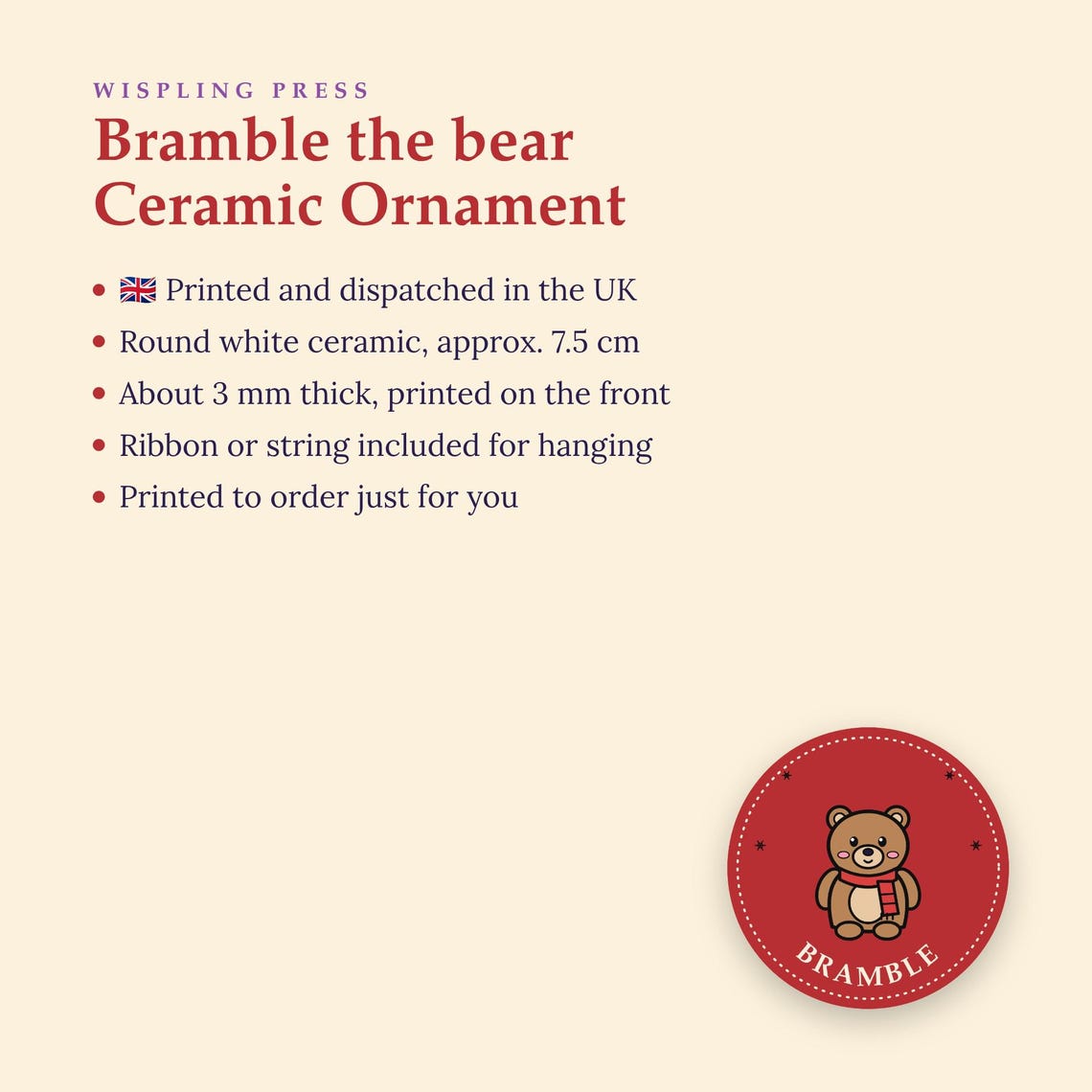Teddy Bear Ornament, Ceramic Christmas Bauble Decoration, Bramble Bear, Printed in the UK