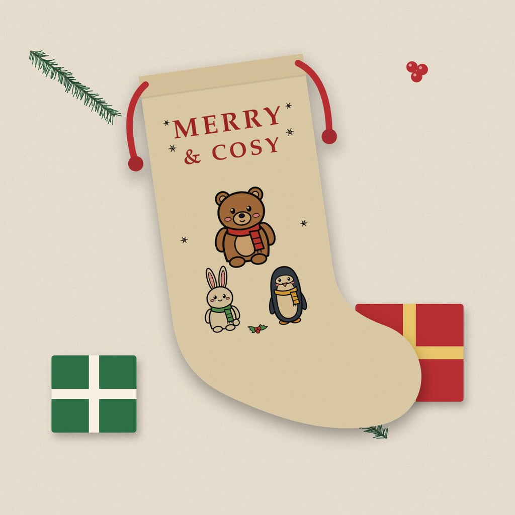 Christmas Stocking, Teddy Bear Bunny Penguin Burlap Stocking, Printed in the UK
