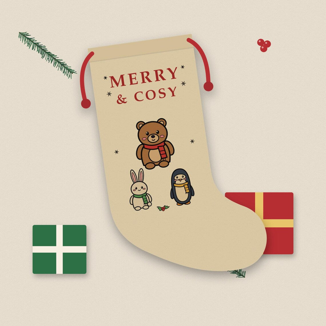 Christmas Stocking, Teddy Bear Bunny Penguin Burlap Stocking, Printed in the UK