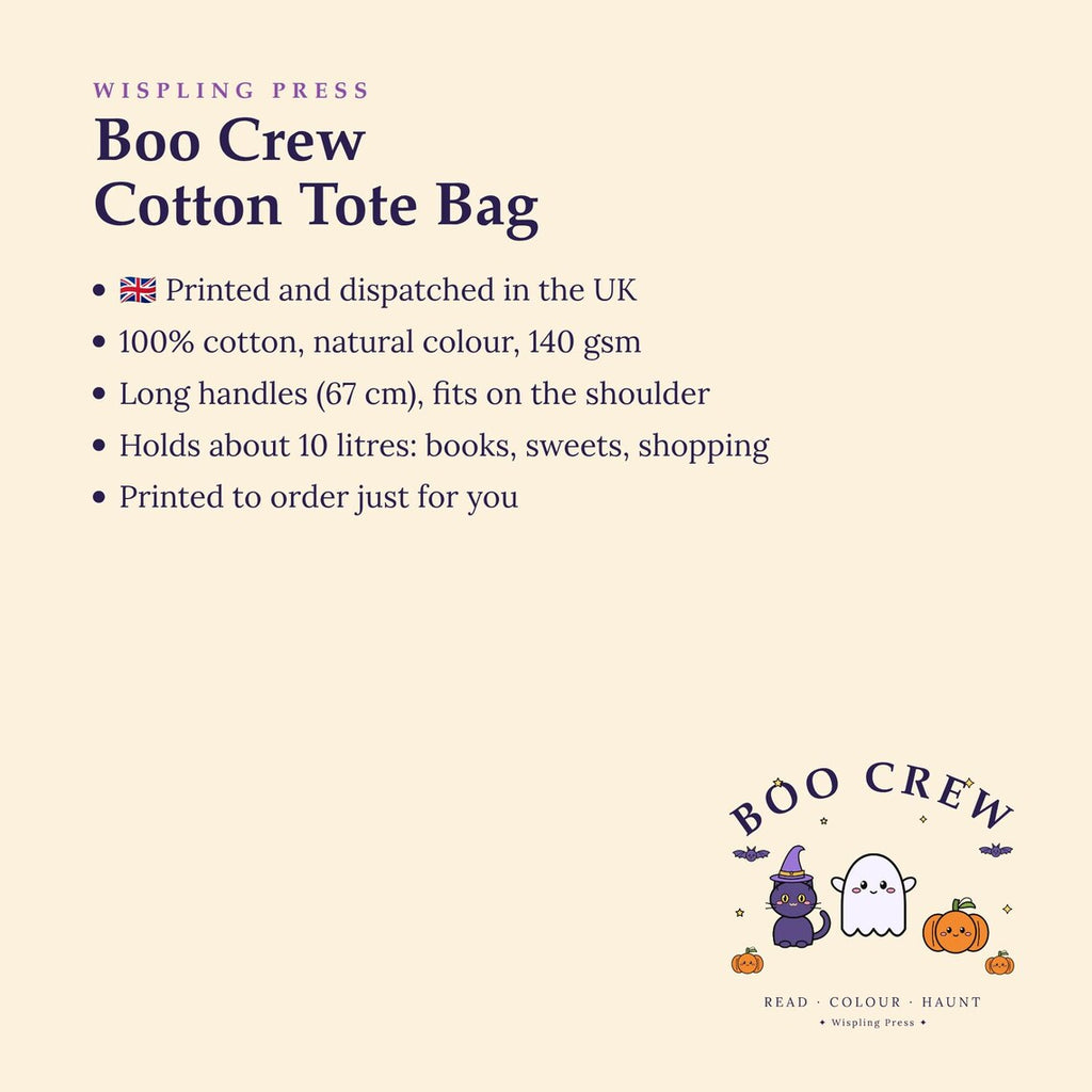 Boo Crew Halloween Tote Bag, Ghost, Cat, Pumpkin Cotton Bag (Printed in UK)