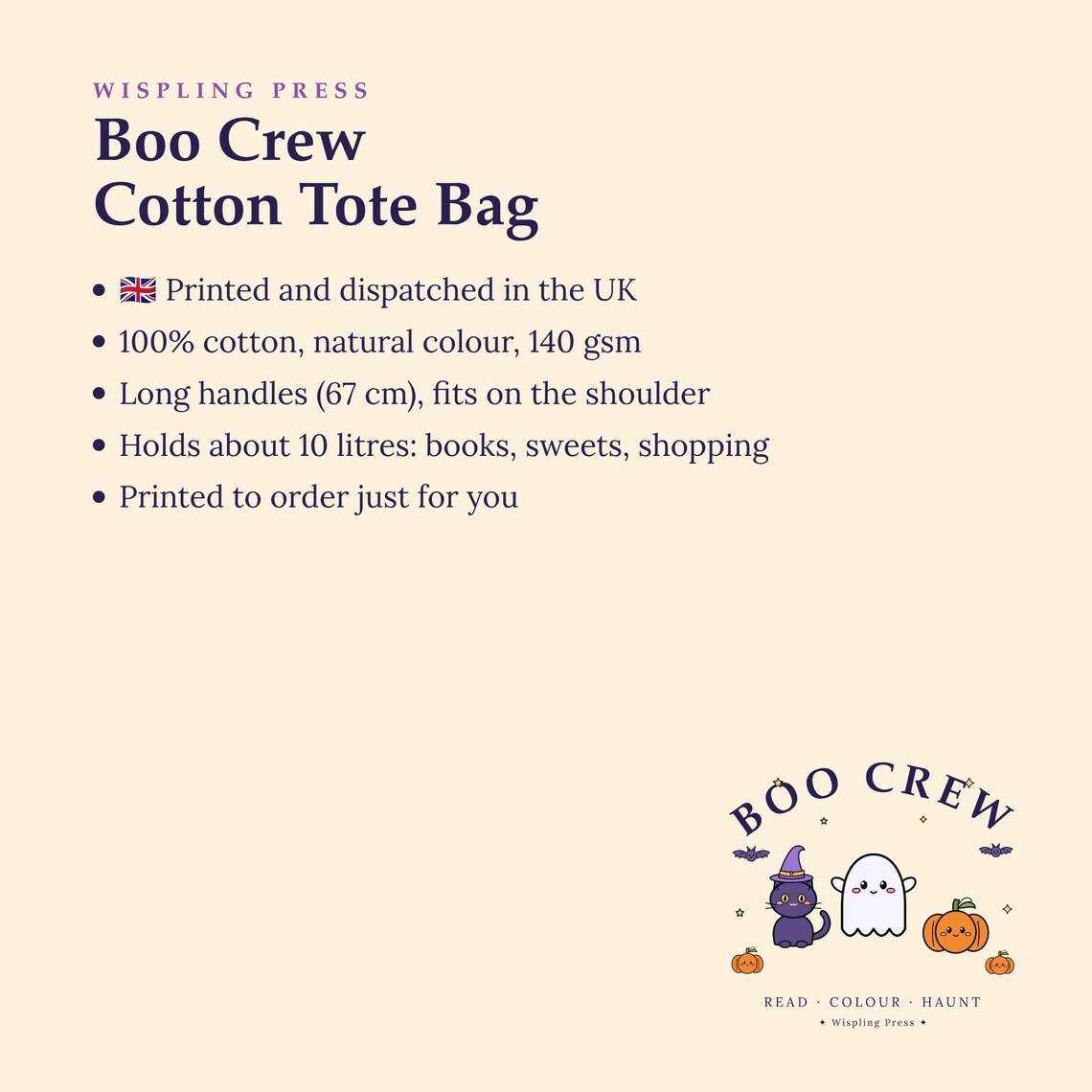 Boo Crew Halloween Tote Bag, Ghost, Cat, Pumpkin Cotton Bag (Printed in UK)
