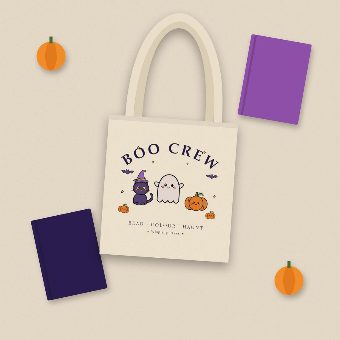 Boo Crew Halloween Tote Bag, Ghost, Cat, Pumpkin Cotton Bag (Printed in UK)