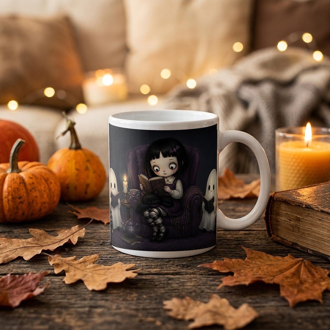 Gothic Girl Reading Mug, Black Cat, Ghosts, Book Lover Gift (11oz)