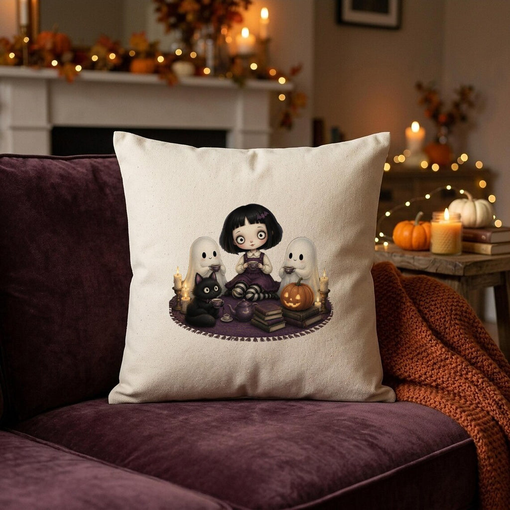 Gothic Halloween Cushion Cover, Ghosts, Black Cat Tea Party (40cm Cotton)