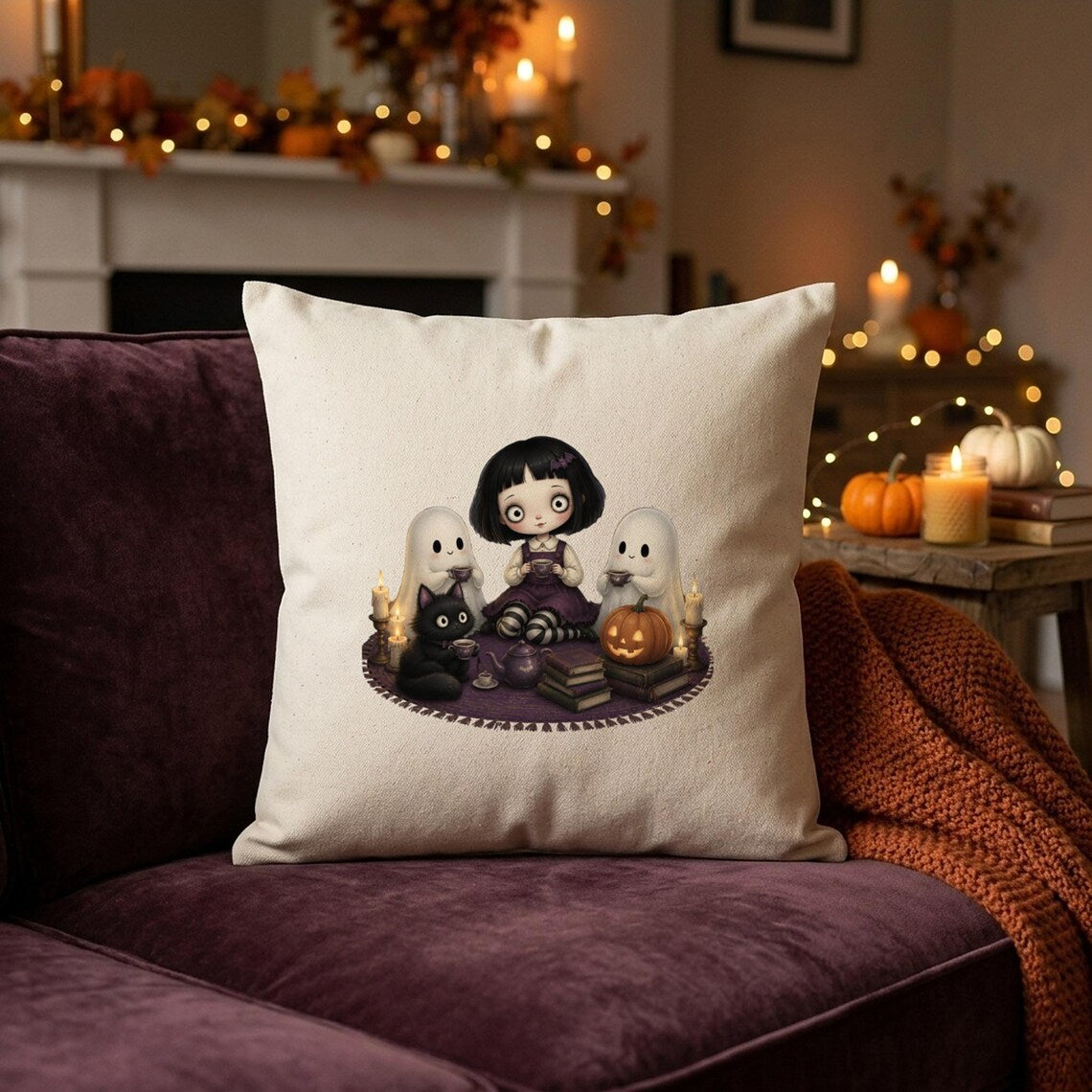 Gothic Halloween Cushion Cover, Ghosts, Black Cat Tea Party (40cm Cotton)