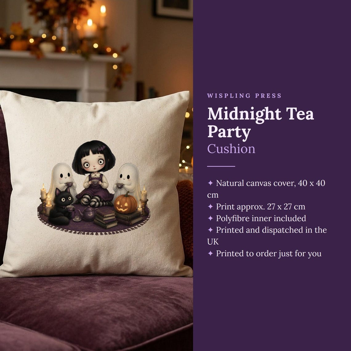 Gothic Halloween Cushion Cover, Ghosts, Black Cat Tea Party (40cm Cotton)