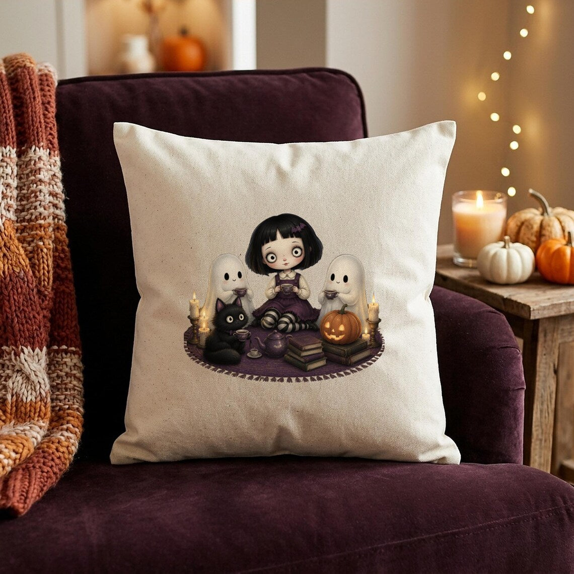 Gothic Halloween Cushion Cover, Ghosts, Black Cat Tea Party (40cm Cotton)