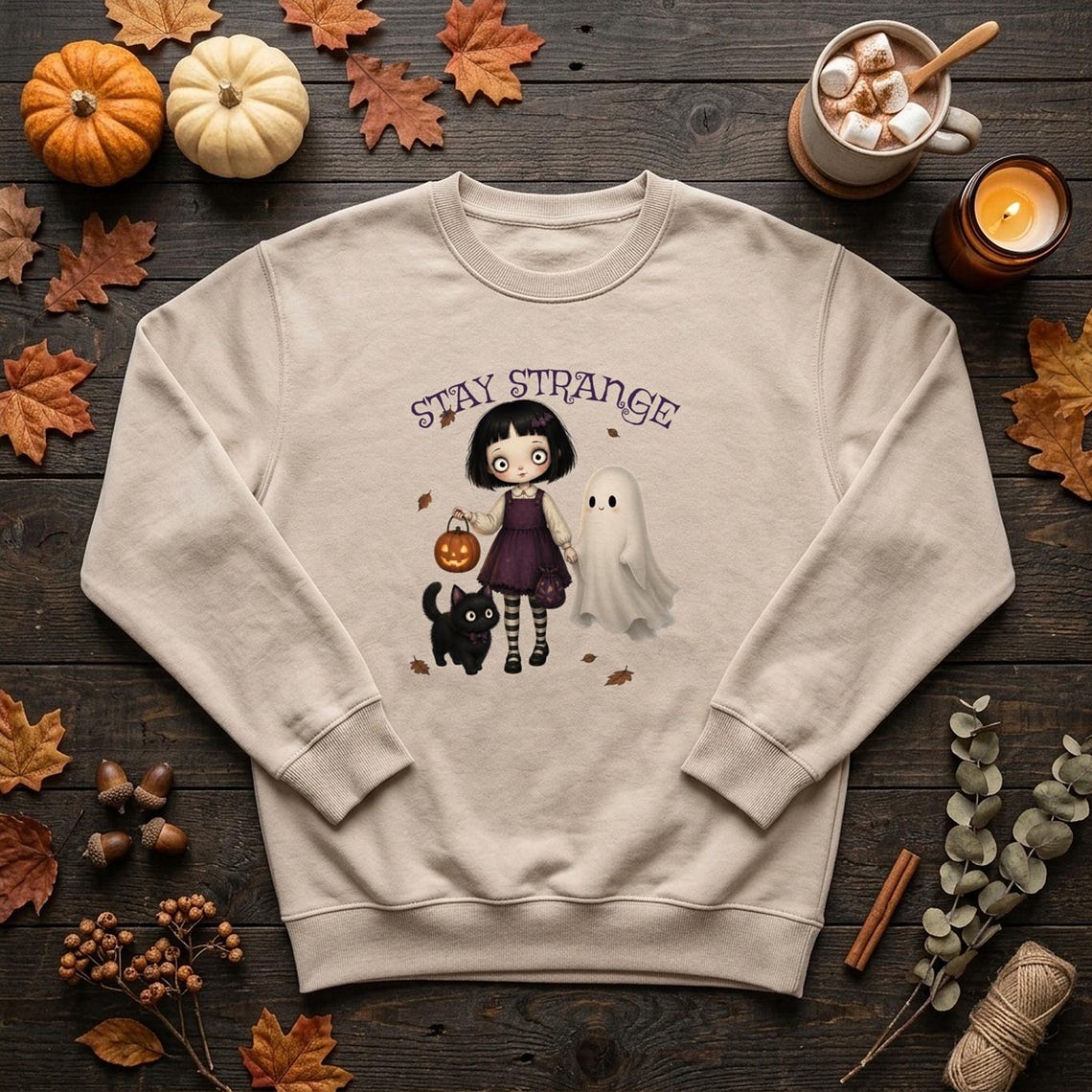 Stay Strange Gothic Girl Sweatshirt, Ghost & Black Cat Halloween Jumper (Natural Stone)