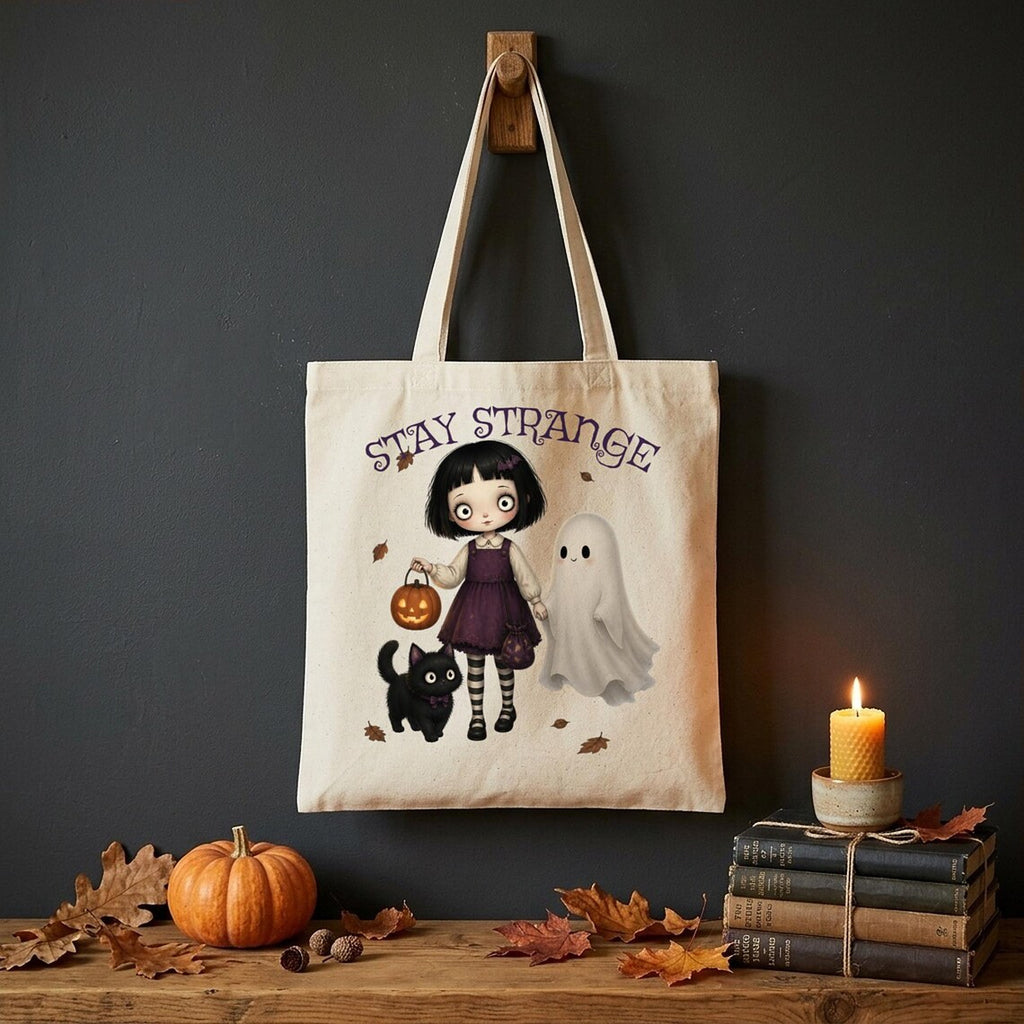 Stay Strange Gothic Girl Tote Bag, Ghost, Black Cat, Halloween Cotton Bag (Printed UK)
