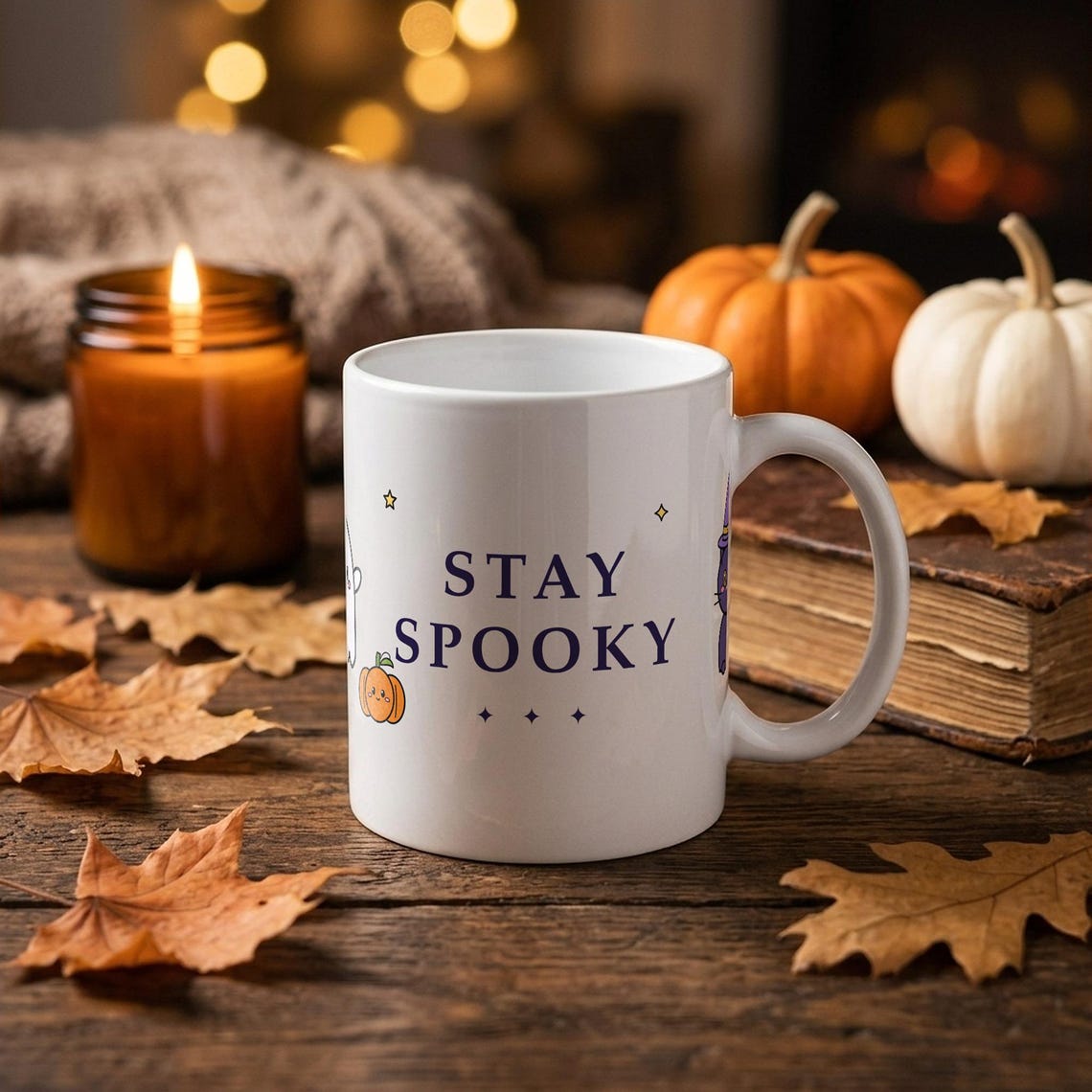 Spooky Halloween Mug, Ghost, Black Cat, Pumpkin, Stay Spooky (11oz Ceramic)