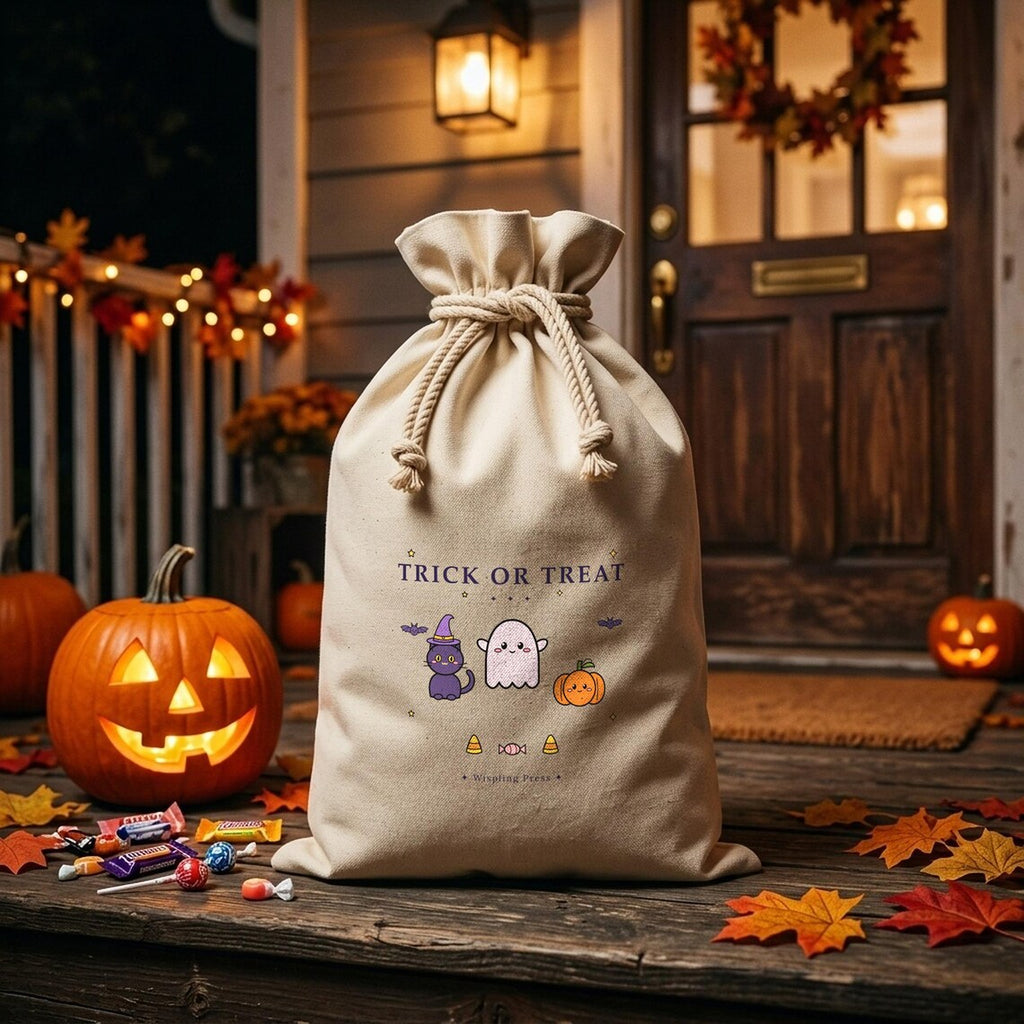 Trick or Treat Bag, Cotton Halloween Sack, Ghost, Cat, Pumpkin (32x50cm)