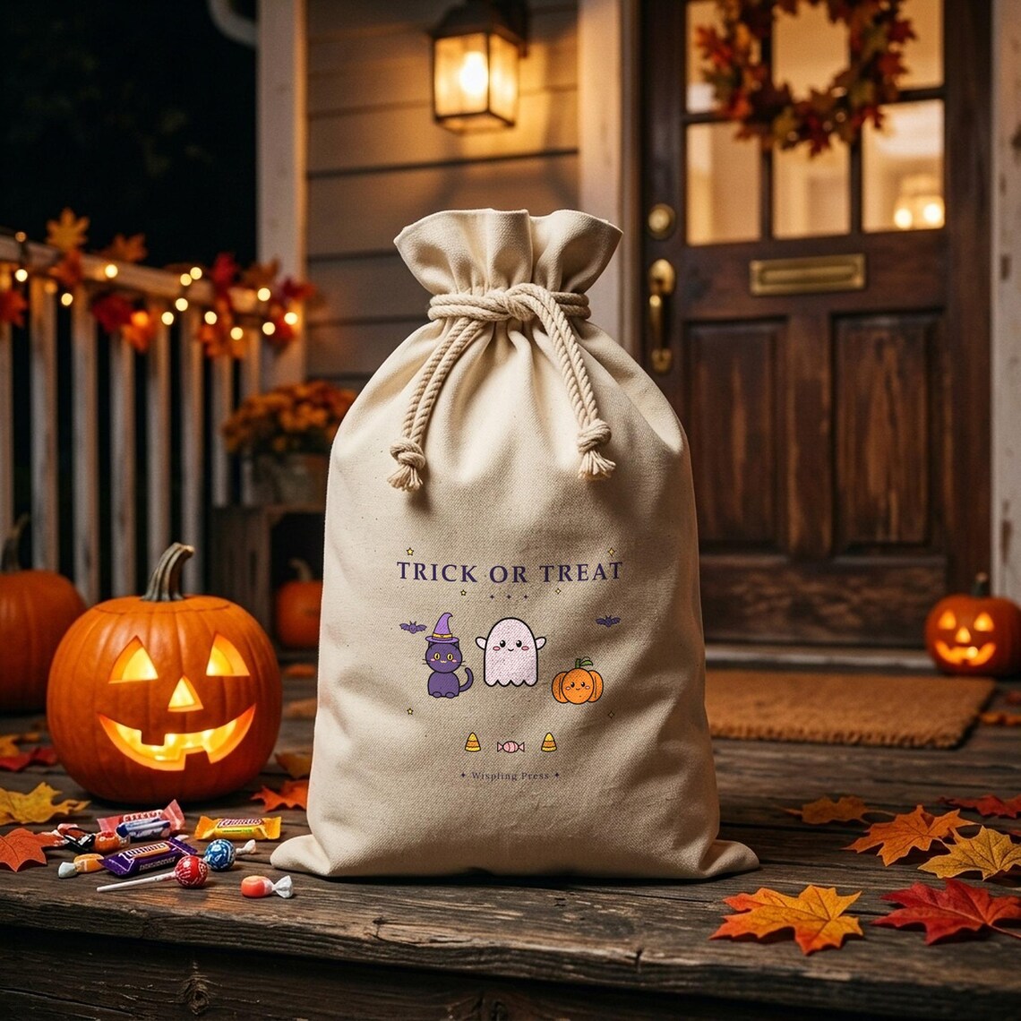 Trick or Treat Bag, Cotton Halloween Sack, Ghost, Cat, Pumpkin (32x50cm)