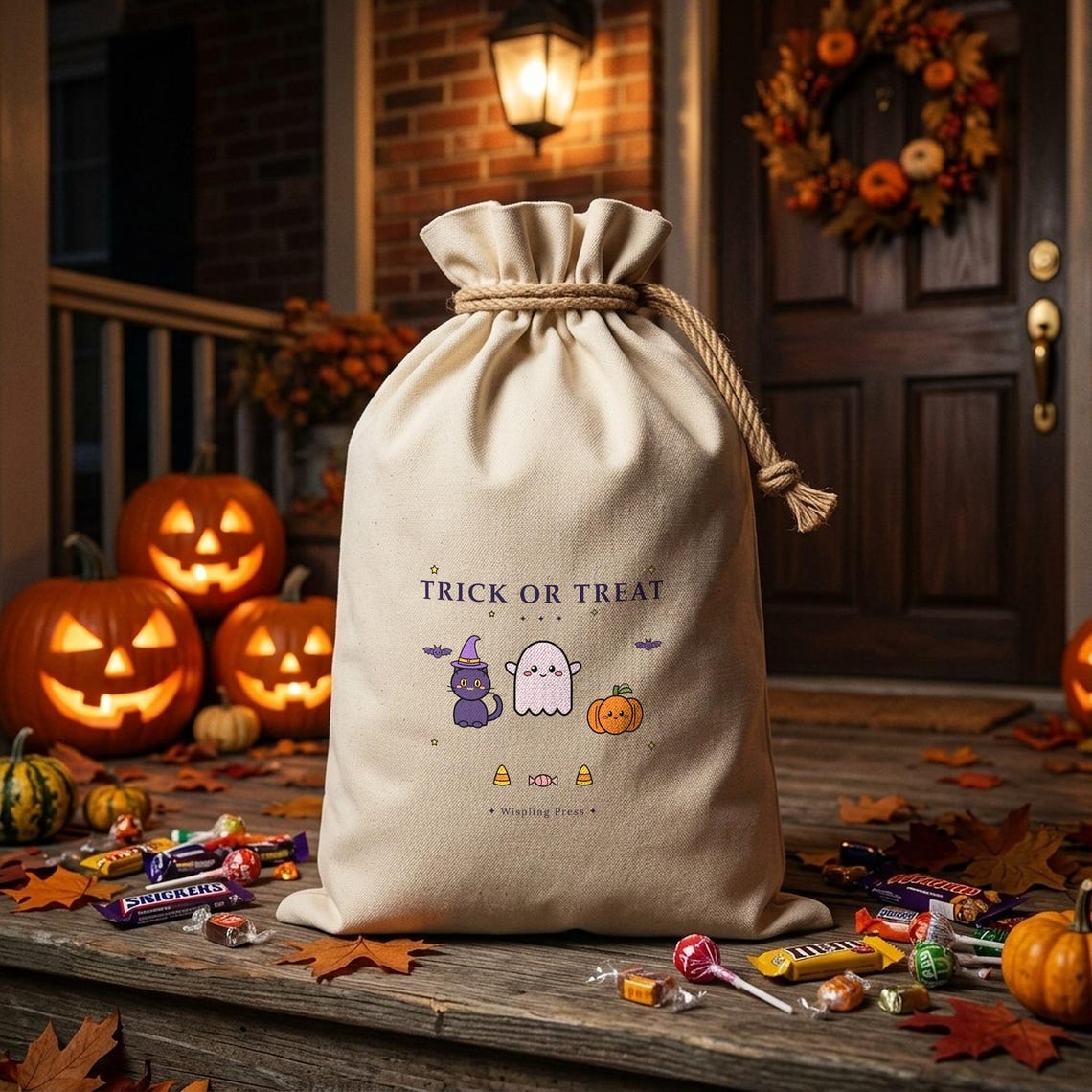 Trick or Treat Bag, Cotton Halloween Sack, Ghost, Cat, Pumpkin (32x50cm)