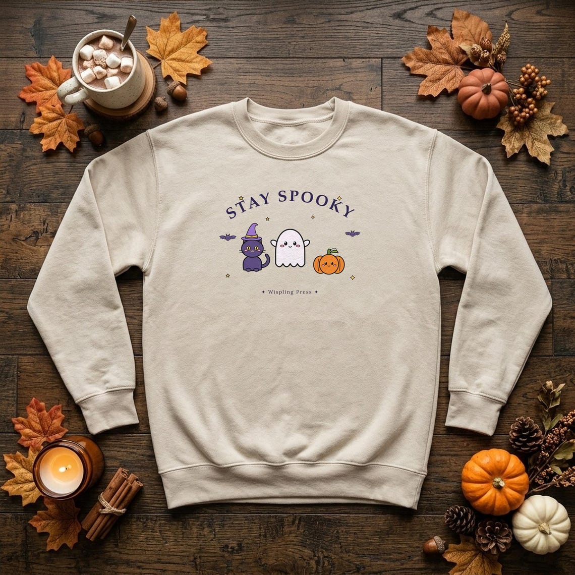 Stay Spooky Halloween Sweatshirt, Ghost Cat Pumpkin Crewneck (Printed UK)