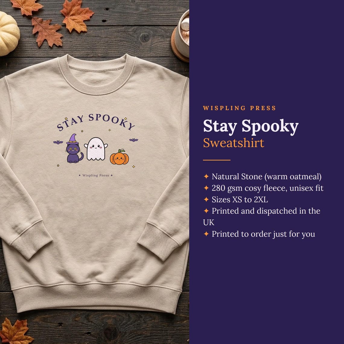 Stay Spooky Halloween Sweatshirt, Ghost Cat Pumpkin Crewneck (Printed UK)
