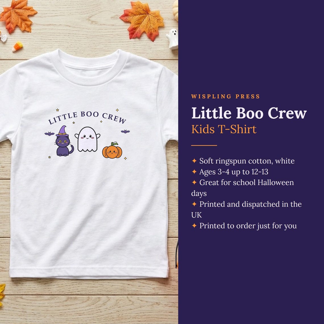 Kids Halloween Shirt, Little Boo Crew Tee, Ghost, Cat, Pumpkin (Ages 3-13)