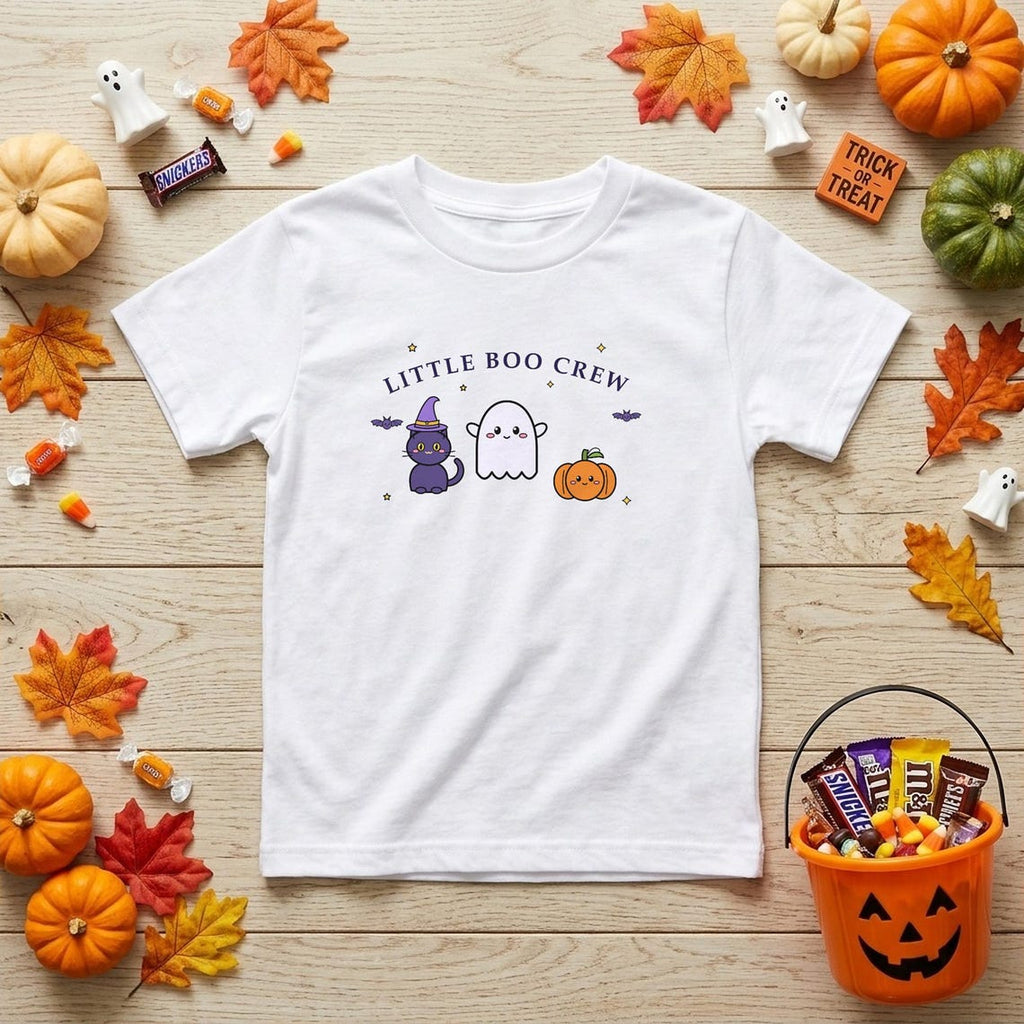 Kids Halloween Shirt, Little Boo Crew Tee, Ghost, Cat, Pumpkin (Ages 3-13)