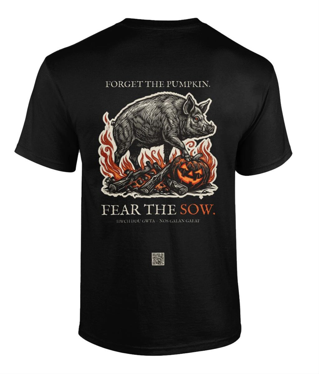 Welsh Folklore Halloween T-Shirt, Black Sow Woodcut Print