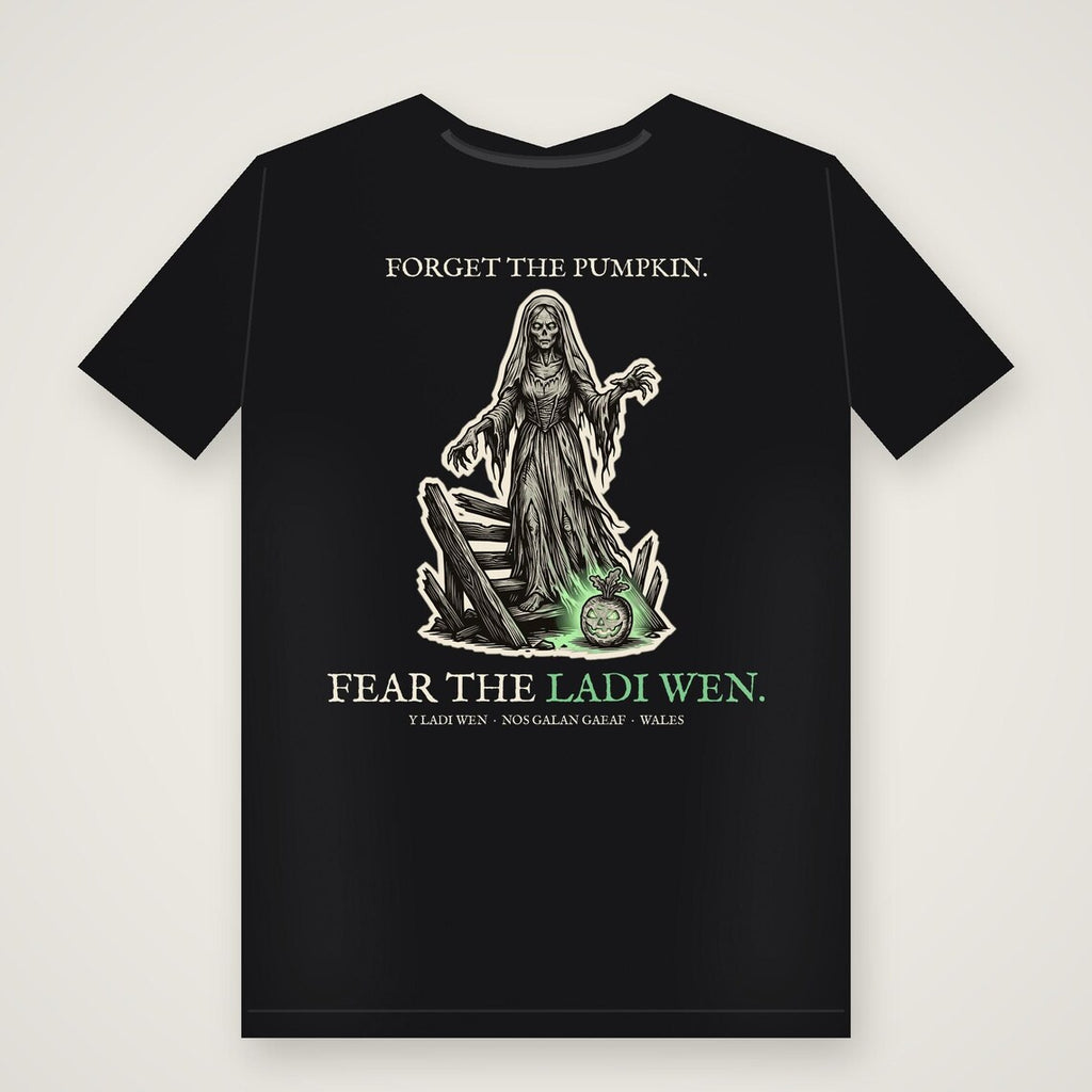 White Lady Ladi Wen Halloween T-Shirt, Welsh Folklore Woodcu