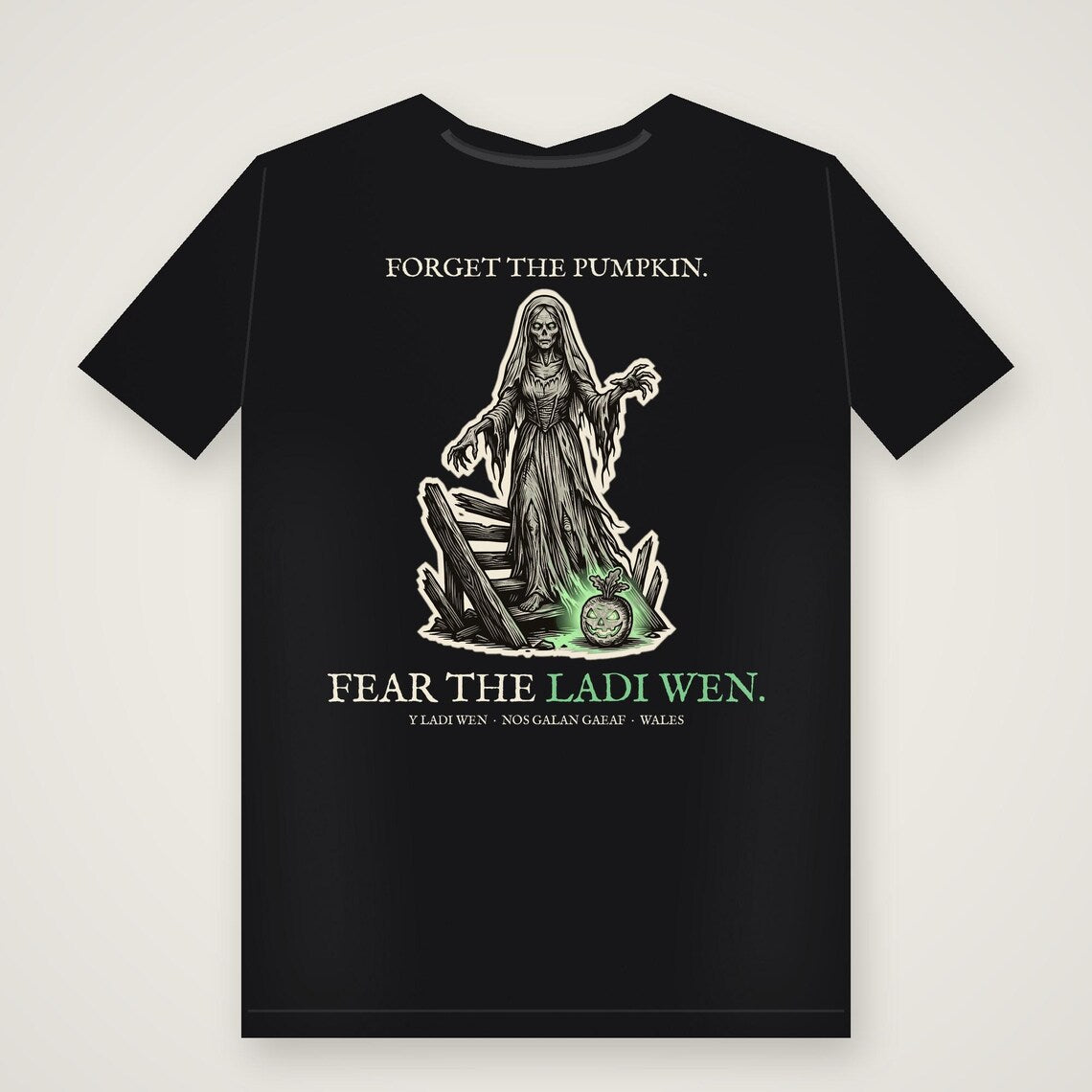 White Lady Ladi Wen Halloween T-Shirt, Welsh Folklore Woodcu