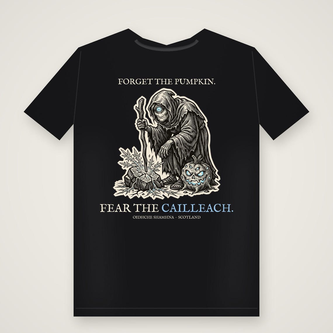 Cailleach Halloween T-Shirt, Scottish Folklore Woodcut Print, Samhain Horror Gift