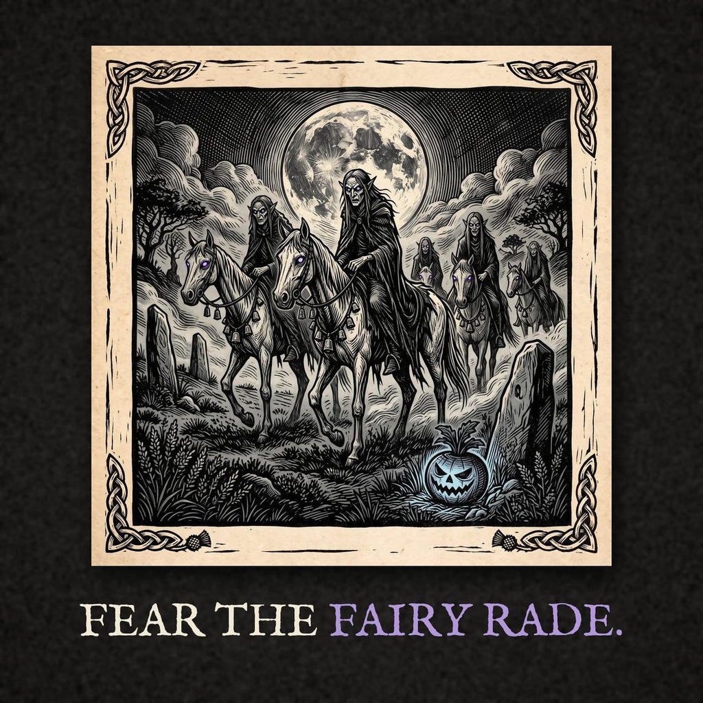 Fairy Rade Halloween T-Shirt, Scottish Folklore Woodcut Print, Samhain Gift