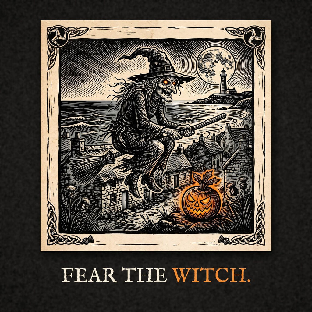 Jinny the Witch Halloween T-Shirt, Manx Folklore Woodcut Print, Hop-tu-Naa Gift