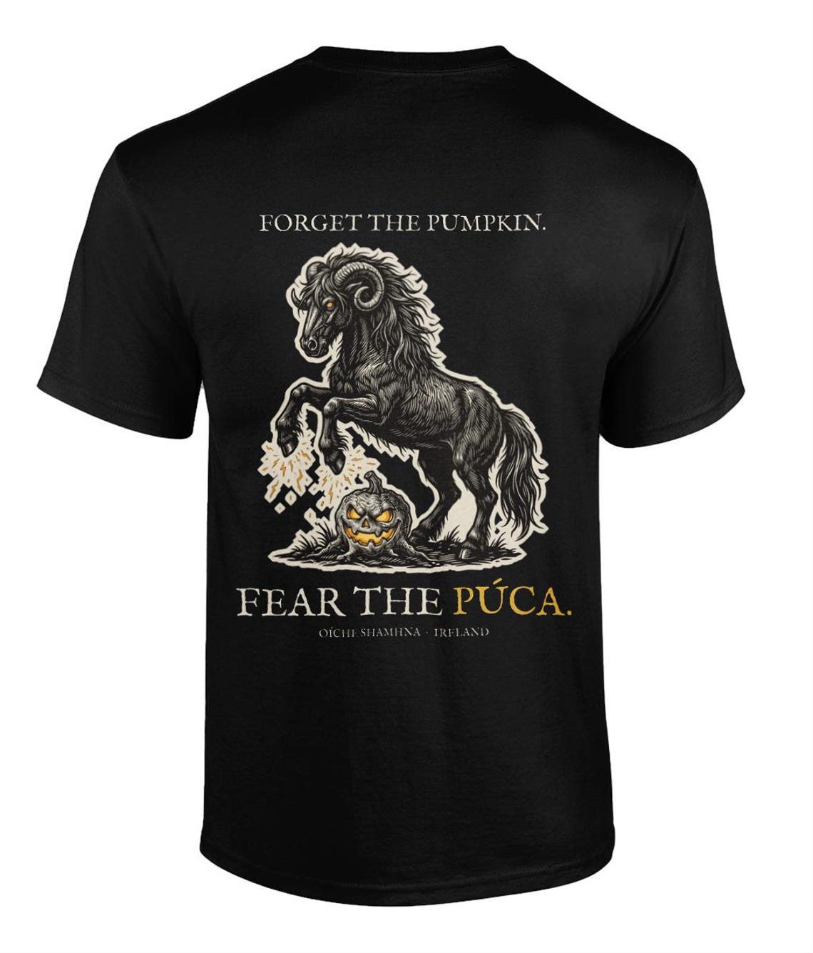 Irish Folklore Púca Halloween T-Shirt, Woodcut Style, Samhain Gift