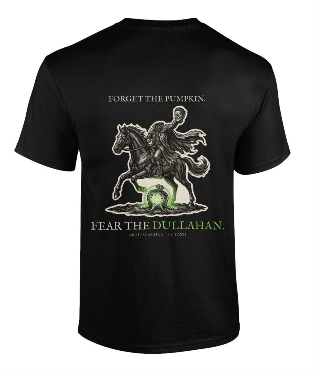 Headless Horseman Dullahan T-Shirt, Irish Folklore Halloween Shirt, Woodcut Print (Black)