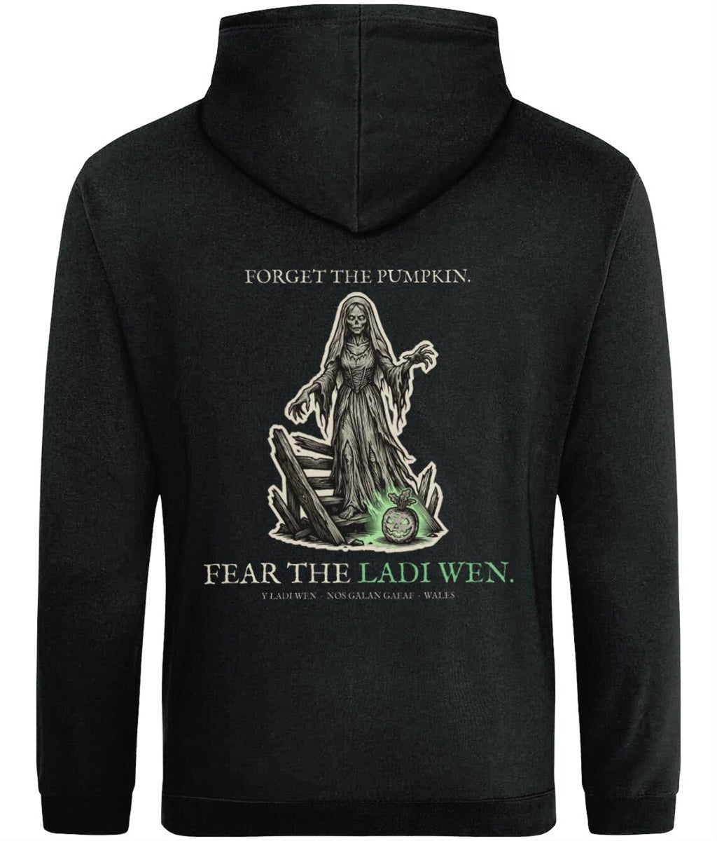 Ladi Wen Welsh Folklore Hoodie, Woodcut Print Halloween Outfit (Jet Black)